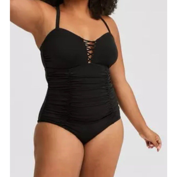Torrid One Piece Swimsuit Black Ruched Lattice‎ Front Adjustable Straps Sz 4 - Picture 3 of 8